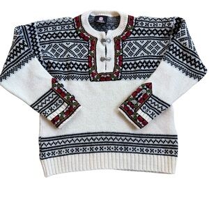 Vintage Fjord Fashion Men's Wool Nordic Sweater Sz 46 Metal Clasp Roses Pullover